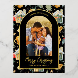 水彩クリスマスタウンフォトブラック 箔シーズンポストカード