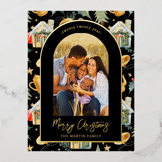 水彩クリスマスタウンフォトブラック 箔シーズンポストカード (正面)