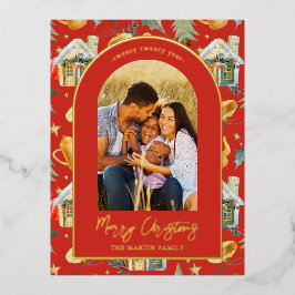 水彩クリスマスタウンフォトレッド 箔シーズンポストカード