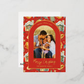 水彩クリスマスタウンフォトレッド 箔シーズンポストカード (正面/裏面)