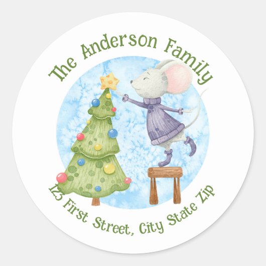 水彩クリスマスツリーかわいいマウスグラフィックアート ラウンドシール (正面)