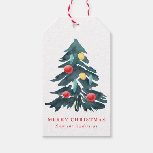 水彩クリスマスツリーとオーナメント休日 ギフトタグ (正面)