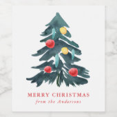 水彩クリスマスツリーとオーナメント休日 ワインラベル (シングルラベル)