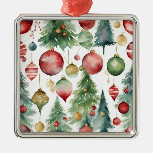 水彩クリスマスツリーとオーナメント抽象芸術 メタルオーナメント (正面)