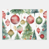 水彩クリスマスツリーとオーナメント抽象芸術 ラッピングペーパーシート (正面)