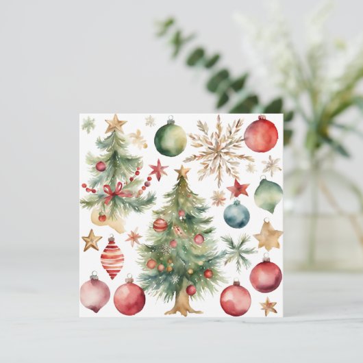 水彩クリスマスツリーとオーナメント シーズンカード (スタンド正面)