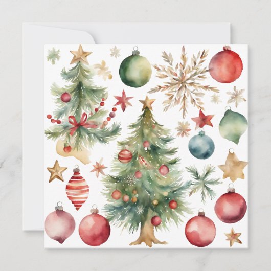 水彩クリスマスツリーとオーナメント シーズンカード (正面)