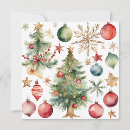 水彩クリスマスツリーとオーナメント シーズンカード