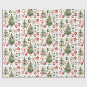 水彩クリスマスツリーとオーナメント ラッピングペーパー (フラット)