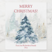 水彩クリスマスツリーの冬のワンダーランド ワインラベル (シングルラベル)