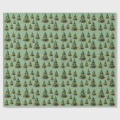 水彩クリスマスツリーの雪の結晶の緑のイラスト ラッピングペーパー (フラット)