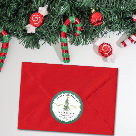 水彩クリスマスツリーカスタム差出人住所 ラウンドシール