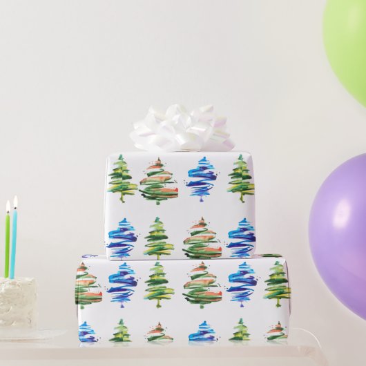 水彩クリスマスツリーカラフル抽象芸術アート ラッピングペーパー (パーティーギフト)