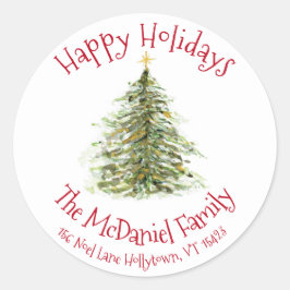 水彩クリスマスツリーギフトラベル ラウンドシール