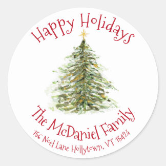 水彩クリスマスツリーギフトラベル ラウンドシール