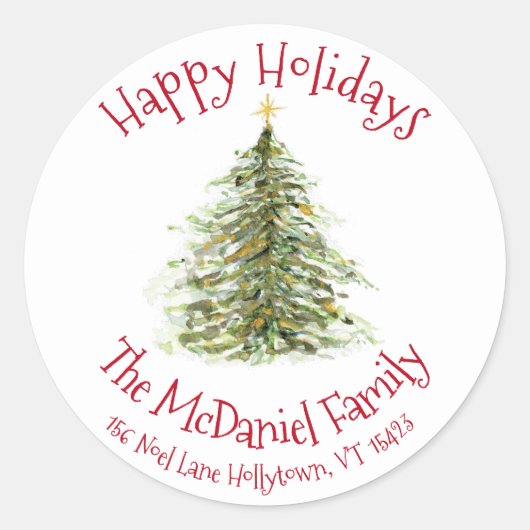 水彩クリスマスツリーギフトラベル ラウンドシール (正面)