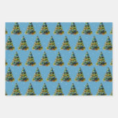 水彩クリスマスツリースノーフレークスケッチブルー ラッピングペーパーシート (正面)