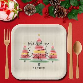 水彩クリスマスツリーズスクエア ペーパープレート