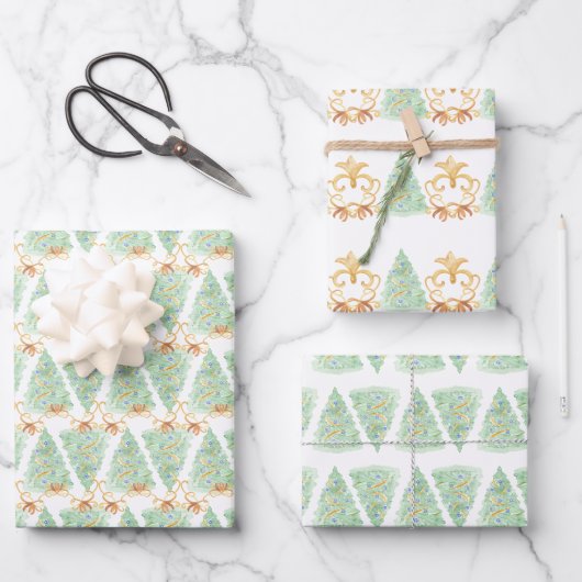 水彩クリスマスツリーズ金ゴールド大千年 ラッピングペーパーシート (正面)