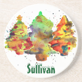 水彩クリスマスツリーパーソナライズされた砂岩 コースター