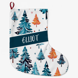 水彩クリスマスツリーパーソナライズされた ラージクリスマスストッキング