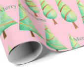 水彩クリスマスツリーピンクラッピング紙 ラッピングペーパー (ロールコーナー)