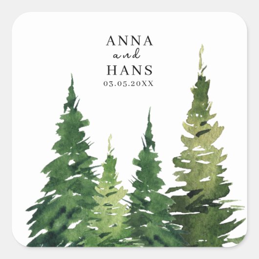 水彩クリスマスツリーフェスティバル結婚ズ スクエアシール (正面)
