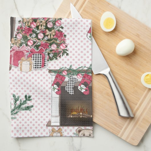 水彩クリスマスツリープレゼントテディベア キッチンタオル (四つ折り)