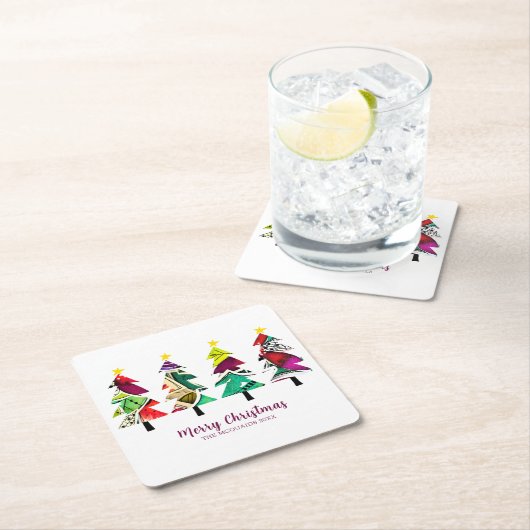 水彩クリスマスツリーメリークリスマス スクエアペーパーコースター (インサイチュ)