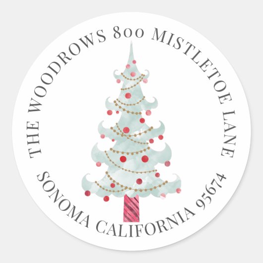 水彩クリスマスツリー差出人住所 ラウンドシール (正面)