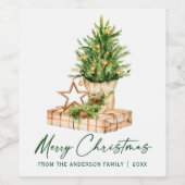 水彩クリスマスツリー書道インクスクリプト ワインラベル (シングルラベル)