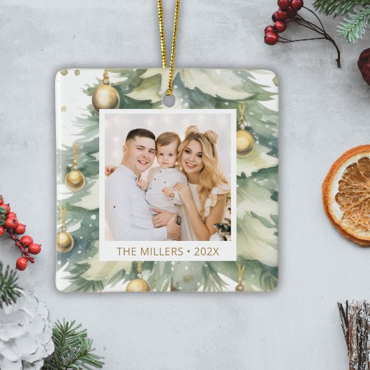 水彩クリスマスツリー金ゴールドフォントカスタム写真 セラミックオーナメント