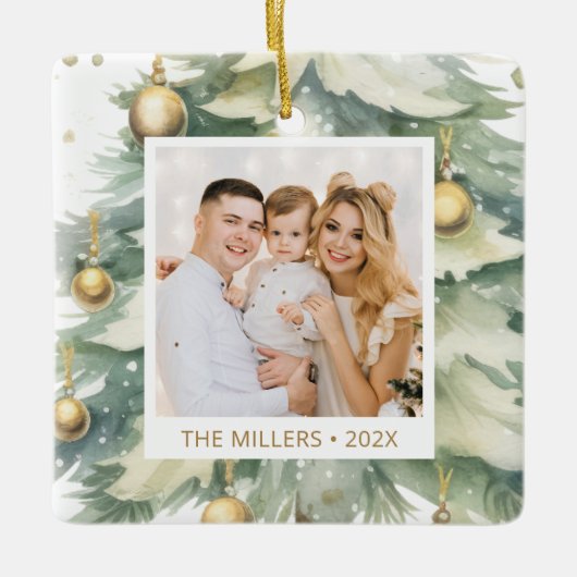 水彩クリスマスツリー金ゴールドフォントカスタム写真 セラミックオーナメント (正面)