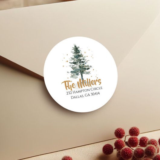 水彩クリスマスツリー金ゴールド差出人住所 ラウンドシール