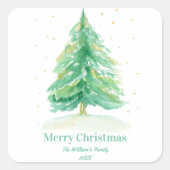 水彩クリスマスツリー金ゴールド雪 スクエアシール (正面)