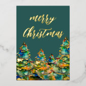 水彩クリスマスツリー雪片グリーン金ゴールド 箔シーズンカード (正面)