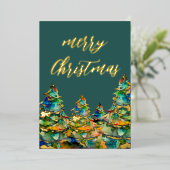 水彩クリスマスツリー雪片グリーン金ゴールド 箔シーズンカード (立ち正面)