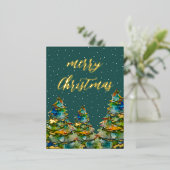水彩クリスマスツリー雪片グリーン金ゴールド 箔シーズンポストカード (立ち正面)