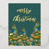水彩クリスマスツリー雪片グリーン金ゴールド 箔シーズンポストカード (正面)