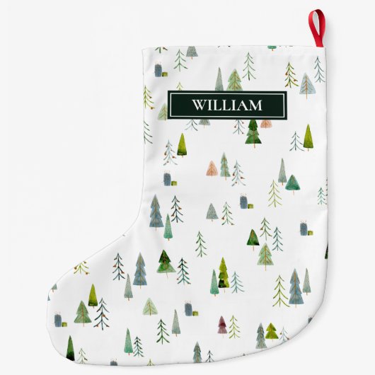 水彩クリスマスツリー&ギフトボッパーソナライズされたクス  ラージクリスマスストッキング (裏面)