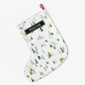 水彩クリスマスツリー&ギフトボッパーソナライズされたクス  ラージクリスマスストッキング (裏面 (吊り時))