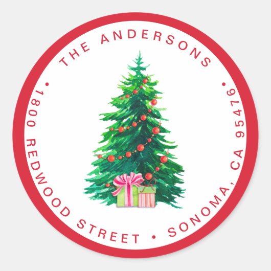 水彩クリスマスツリー |休日の差出人住所 ラウンドシール (正面)