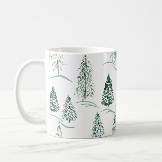 水彩クリスマスツリー。冬の森。 コーヒーマグカップ (左)