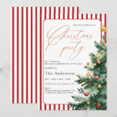 水彩クリスマスツリー 赤ストライプ パーティー 招待状 (正面/裏面)
