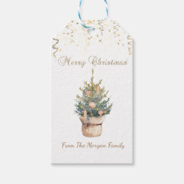 水彩クリスマスツリー、金ゴールド紙吹雪 ギフトタグ