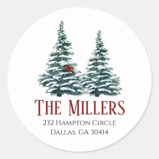 水彩クリスマスツリー（鳥）ショウジョウコウカンチョウ ラウンドシール (正面)
