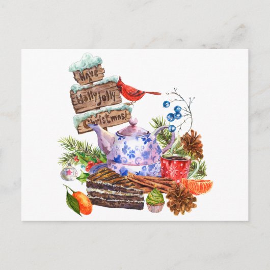 水彩クリスマスティーアンドケーキタイム ポストカード (正面)