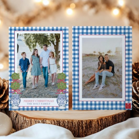 水彩クリスマストトピアリーギンガムフォト シーズンカード