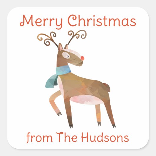 水彩クリスマストナカイのギフトシール スクエアシール (正面)