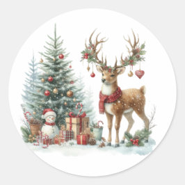 水彩クリスマストナカイ ラウンドシール